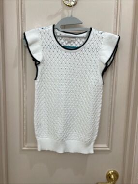 LOFT Petite White Knit Top with Black Trim Detail